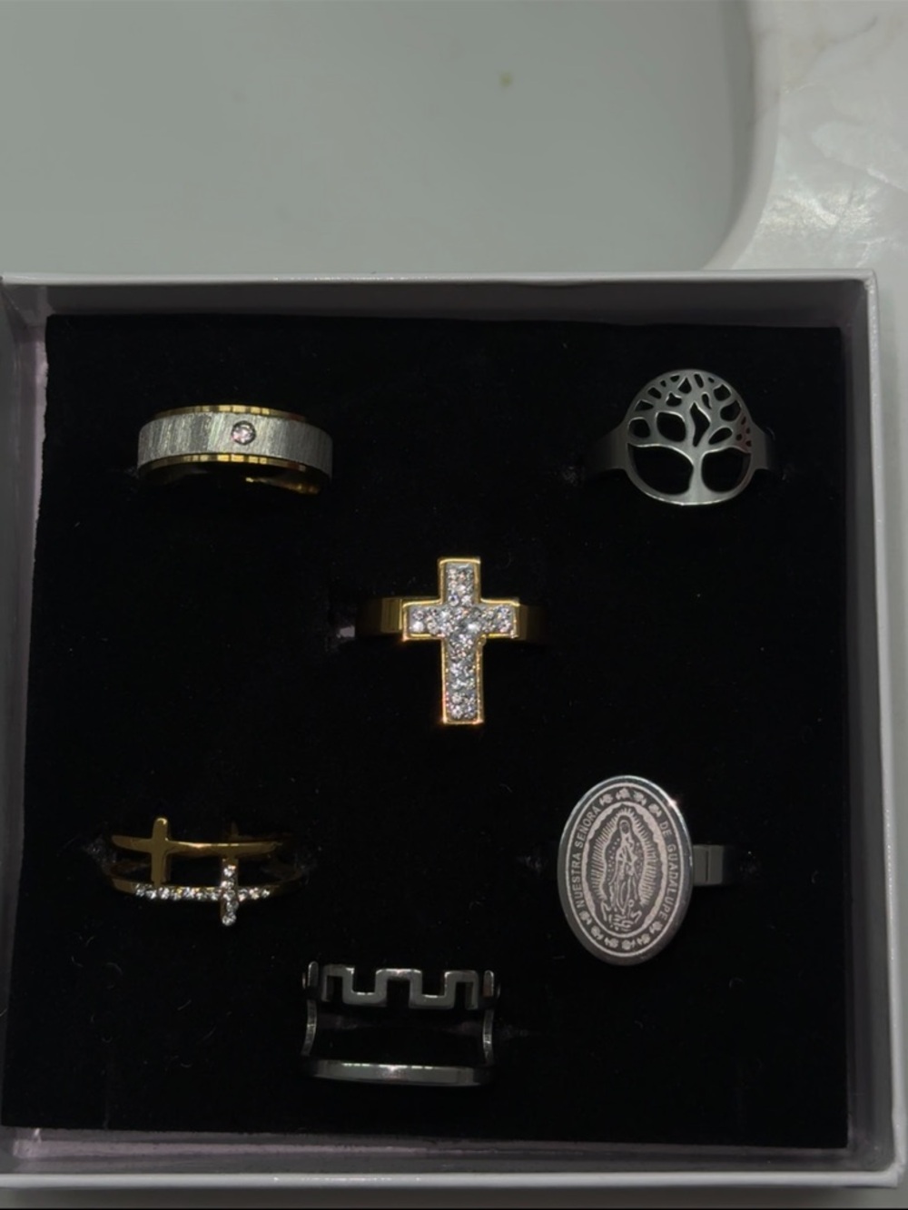 Mixed Metal Cross and Symbol Ring Set - Gold & Silver Tones
